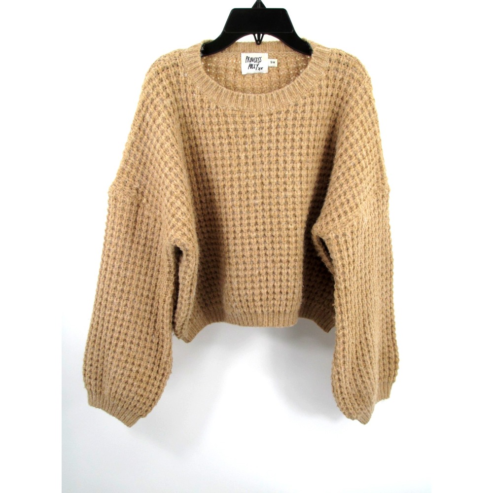 Princess Polly Waffle Knit Cropped Sweater Beige Puff Sleeve Pullover Womens S/M